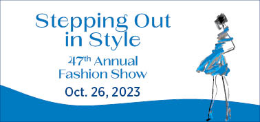 Drawn image of a women model in blue dress with Graphic text reading Stepping out in style 47th annual Fashion show Oct. 26